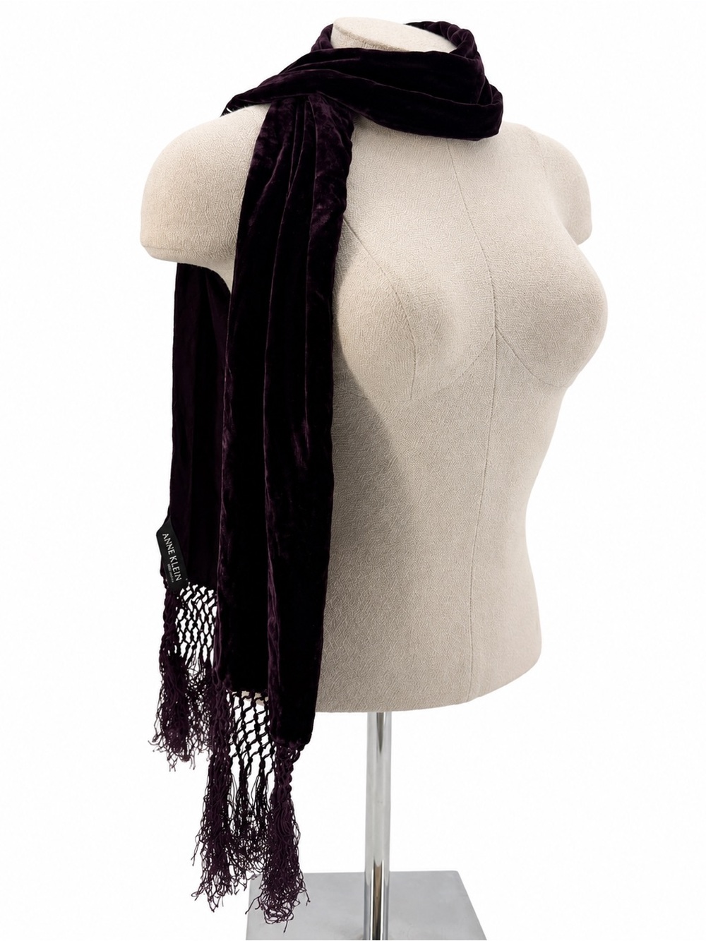 Anne Klein Purple Velvet Scarf Accessory Fringe Soft Evening Formal Silk Blend